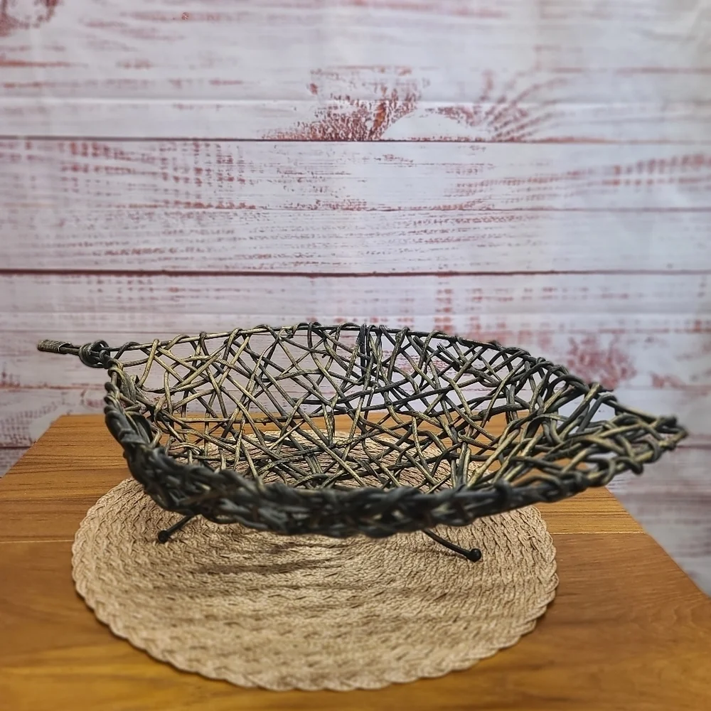 Mid century leaf shaped twig wicker basket